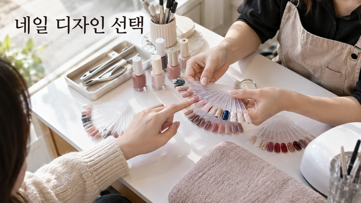 네일 담당자와 고객이 여러 색상의 네일 팁 견본을 비교하는 기획 이미지입니다.