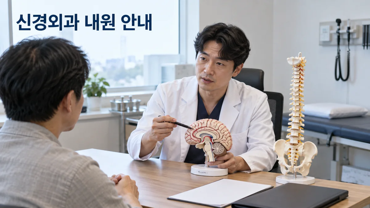 의료진이 신경외과 내원자에게 뇌와 척추 교육용 모형으로 설명하는 기획 이미지입니다.