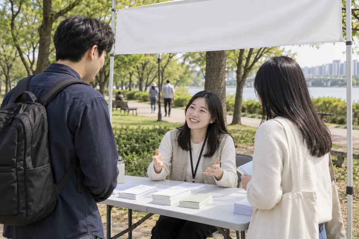 공원 안내 부스에서 활동을 소개하는 단체 담당자