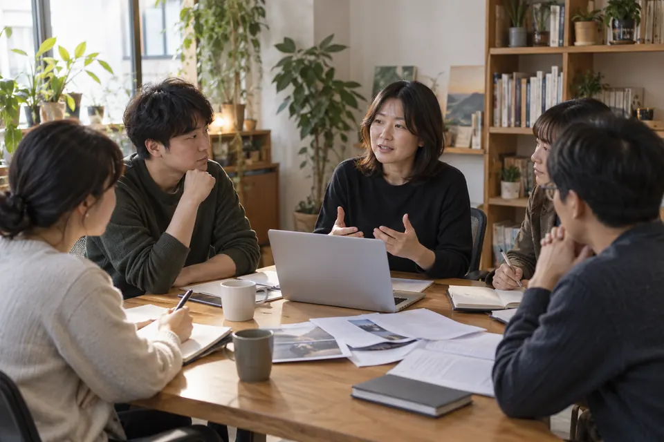 작은 사무실에서 회의하는 단체 실무자