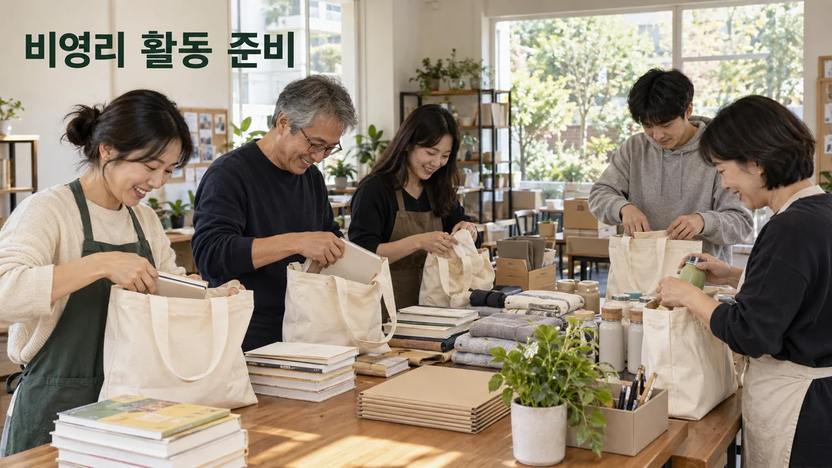 자원활동가들이 공동체 공간에서 책과 생활 물품을 천가방에 정리하는 기획 이미지입니다.