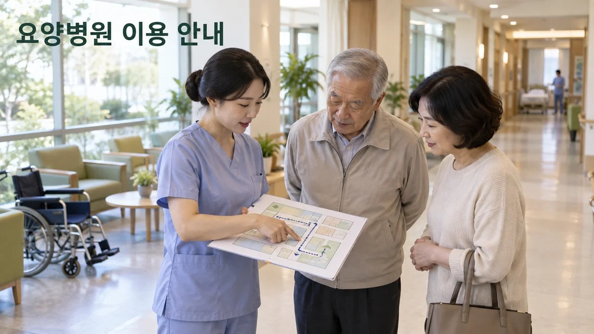 요양병원 담당자가 노년 이용자와 가족에게 시설 동선도를 설명하는 기획 이미지입니다.