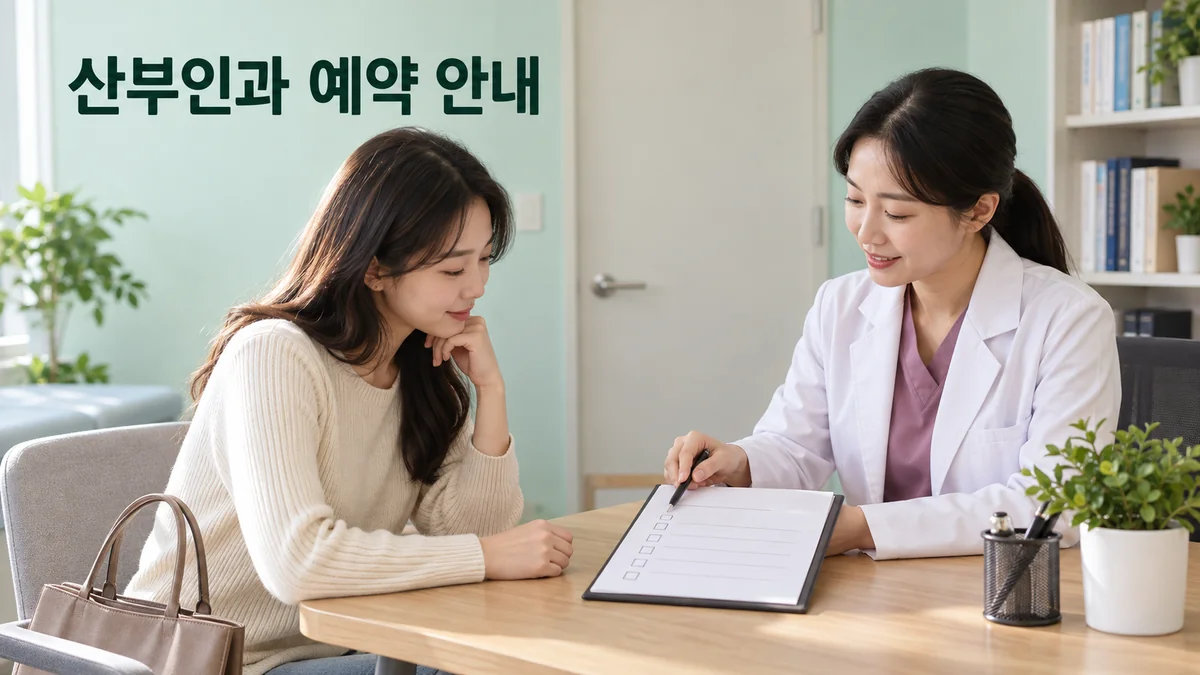 산부인과 의료진과 성인 내원자가 예약 전 준비 항목을 살펴보는 기획 이미지입니다.