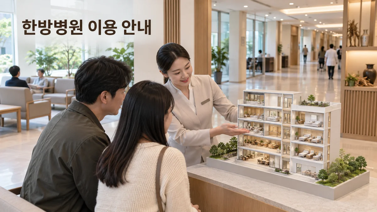 한방병원 담당자가 방문 가족에게 시설 공간 모형을 설명하는 기획 이미지입니다.