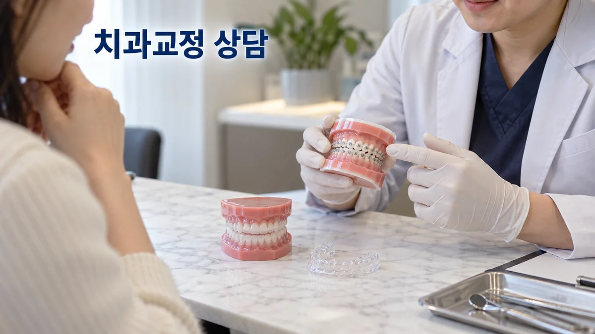 치과 담당자가 교정 장치가 부착된 치아 모형과 투명 장치를 설명하는 기획 이미지입니다.