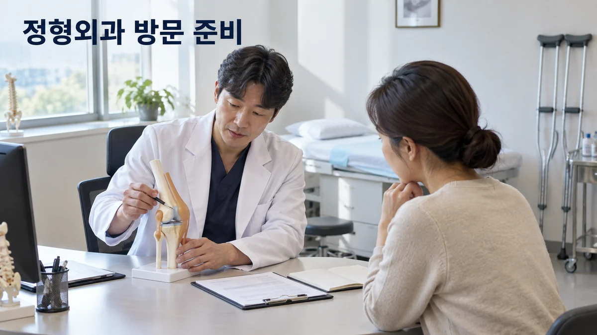 정형외과 의료진이 관절 모형을 두고 성인 내원자에게 설명하는 기획 이미지입니다.