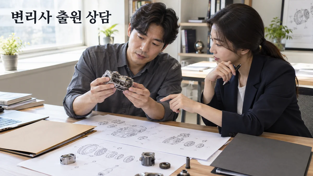 발명가와 변리사 상담자가 기계 시제품 및 분해 도면을 검토하는 기획 이미지입니다.