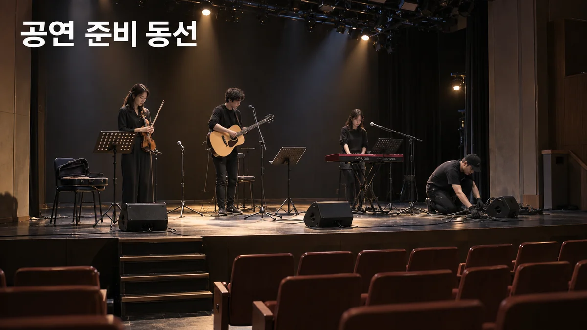 연주자와 무대 담당자가 빈 소극장에서 악기와 마이크, 케이블을 준비하는 기획 이미지입니다.