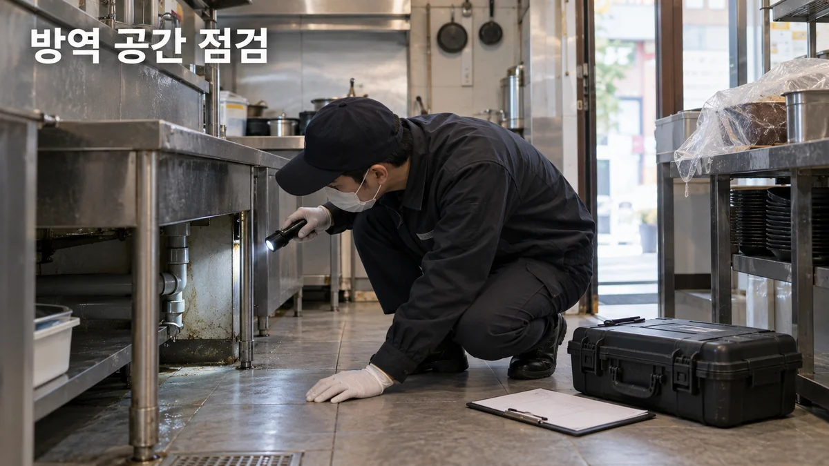 방역 점검자가 식당 주방의 틈과 배관 주변을 손전등으로 확인하는 기획 이미지입니다.
