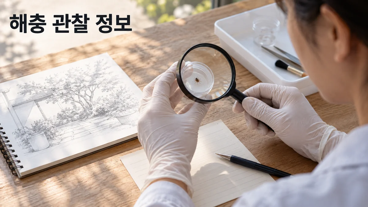 담당자가 투명 관찰 용기를 돋보기로 살펴보고 주변 기록 자료를 확인하는 기획 이미지입니다.
