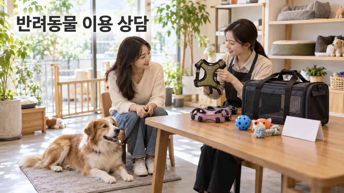 반려견 보호자가 담당자와 하네스 및 이동 가방을 비교하는 기획 이미지입니다.