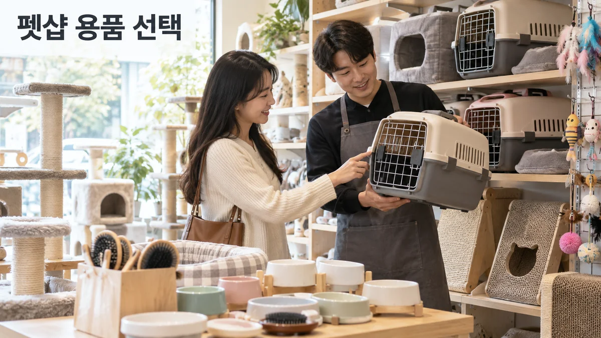 펫샵 담당자와 고객이 고양이 이동장과 생활 용품을 살펴보는 기획 이미지입니다.