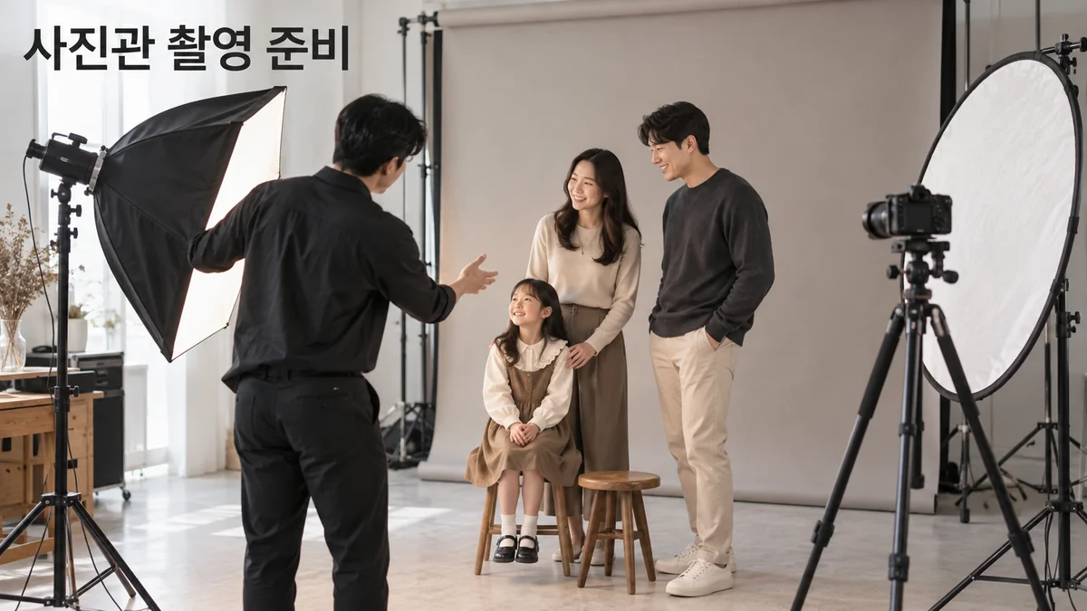 사진가가 가족 촬영을 앞두고 조명과 촬영 위치를 안내하는 기획 이미지입니다.