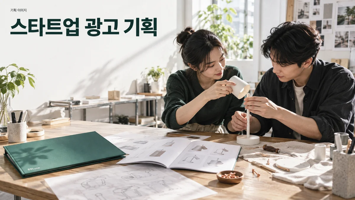 새 제품 모형과 고객 안내 자료를 함께 검토하는 창업팀의 기획 이미지입니다.