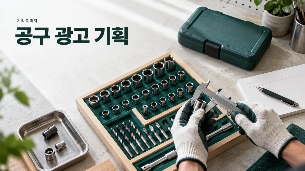 작업 목적에 맞는 공구와 규격을 비교하는 작업대의 기획 이미지입니다.