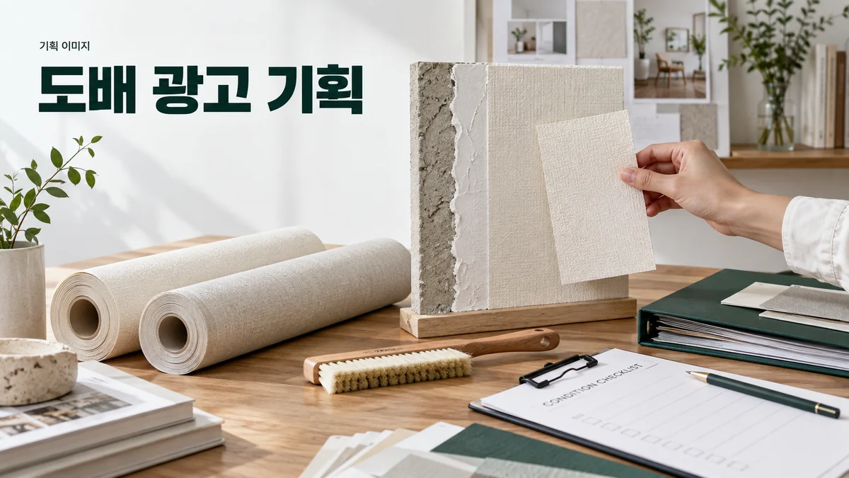 도배지와 벽 바탕 상태를 함께 살펴보는 자재 상담 기획 이미지입니다.