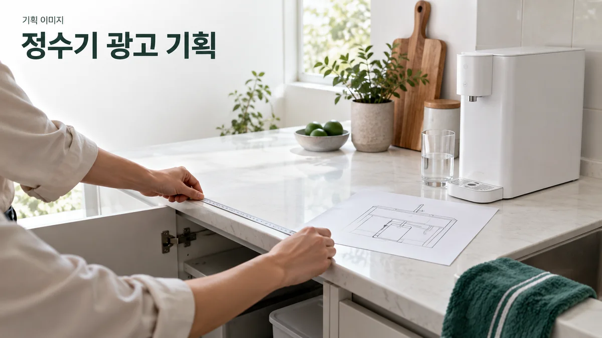 정수기 제품과 설치 공간 조건을 검토하는 주방 상담 기획 이미지입니다.