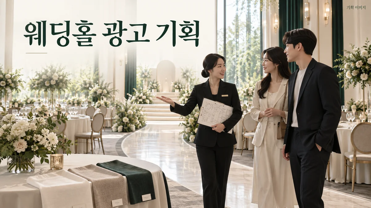 좌석 배치와 공간 사진으로 웨딩홀 상담을 준비하는 기획 장면
