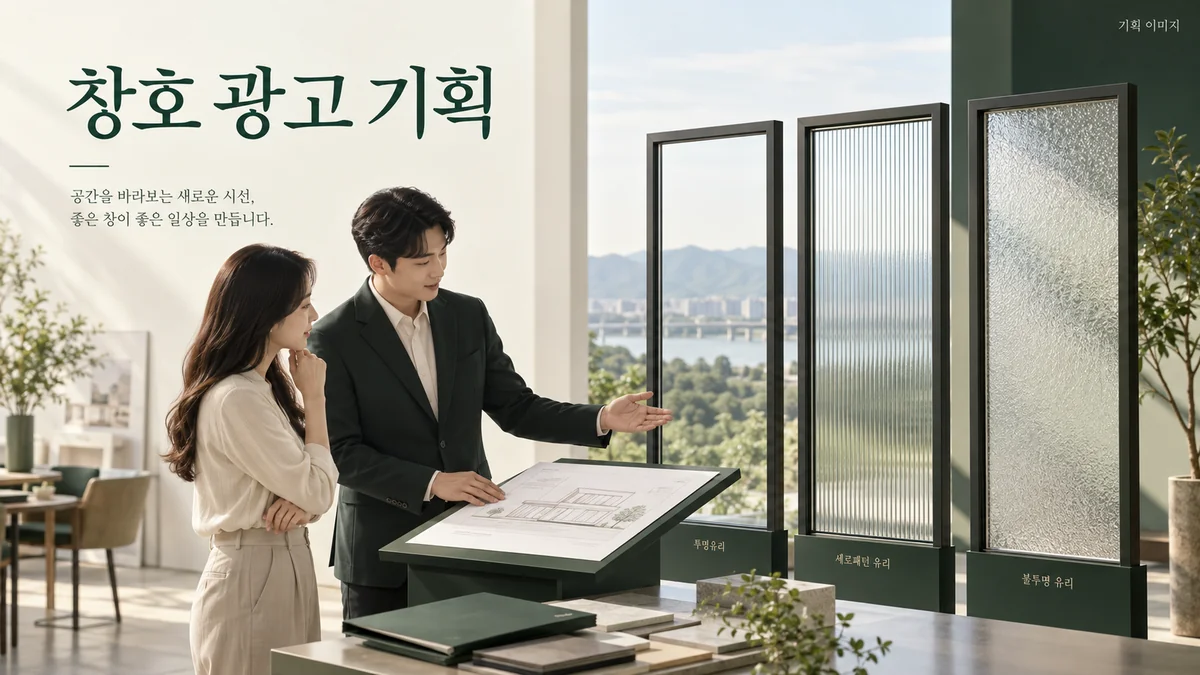 유리와 개폐 방식 자료로 창호 선택 조건을 정리하는 기획 장면