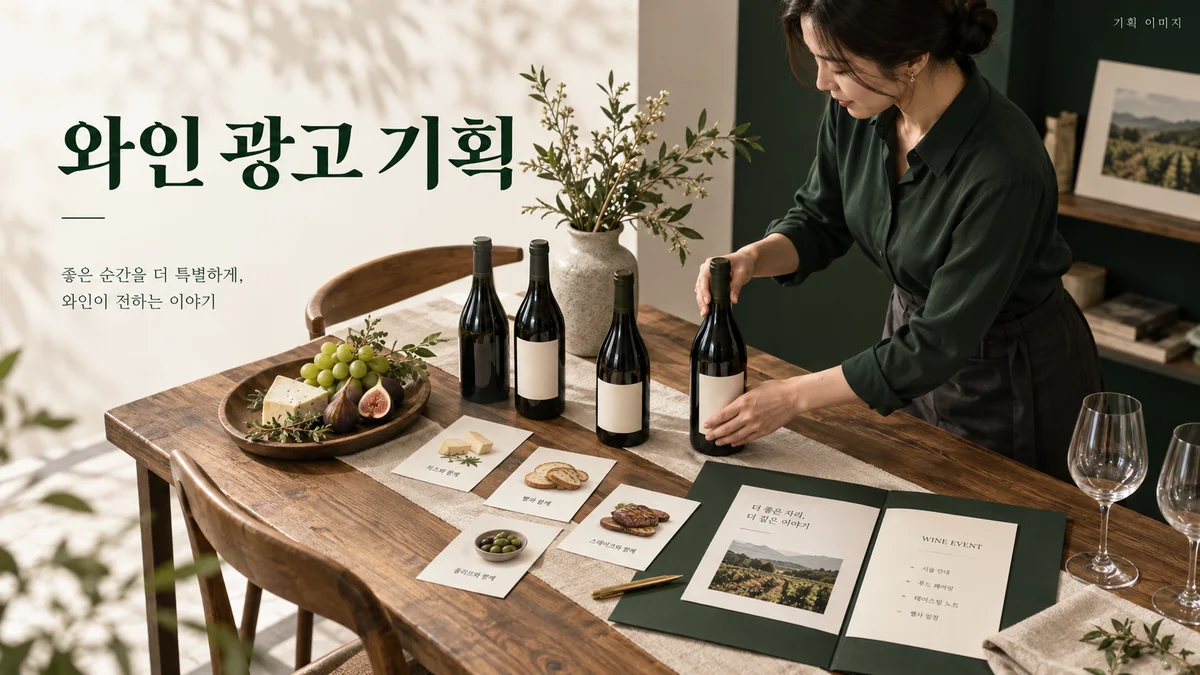 와인 소개 사진과 행사 안내 소재를 정리하는 기획 장면