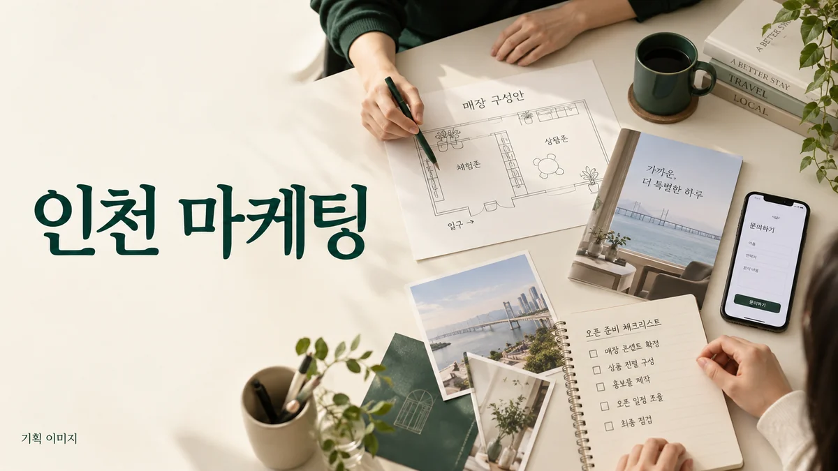 상품 안내와 문의 화면, 방문 자료를 함께 점검하는 인천 마케팅 기획 장면