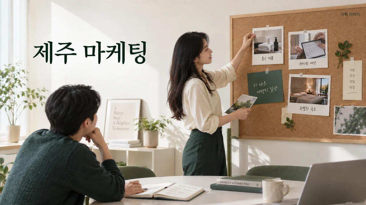 상품과 예약 서비스의 안내 범위를 나누는 제주 마케팅 기획 장면