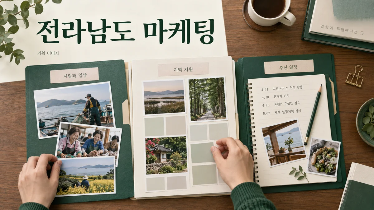 지역별 서비스 안내와 상담 자료를 구분하는 전라남도 마케팅 기획 장면