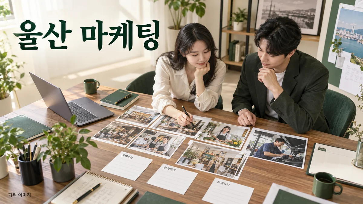 업종별 안내 자료와 문의 경로를 정리하는 울산 마케팅 기획 장면