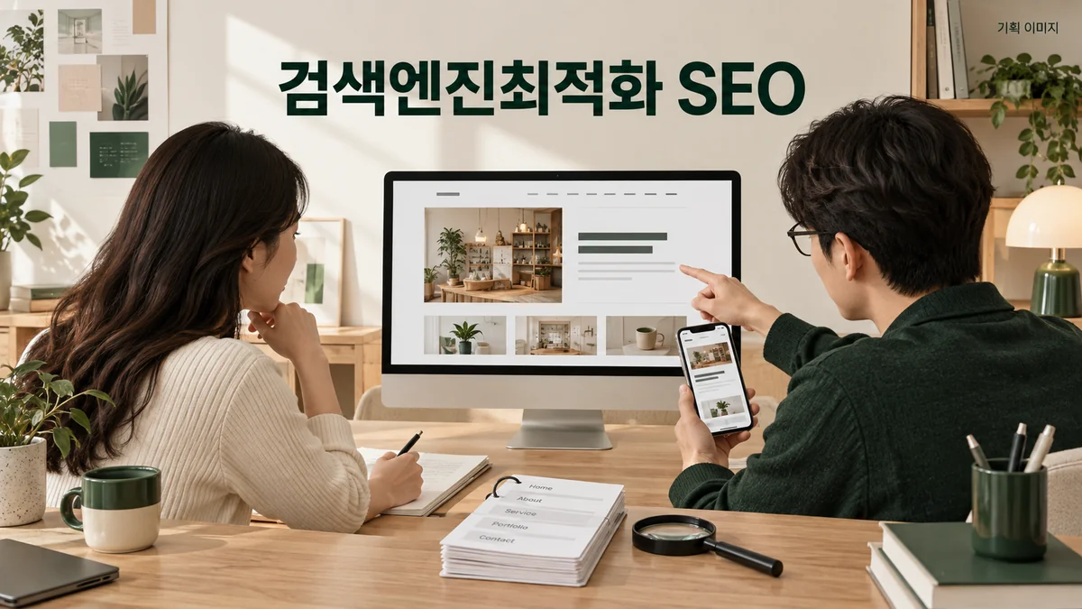 페이지 구조와 모바일 화면, 검색 접근성을 함께 점검하는 SEO 기획 이미지